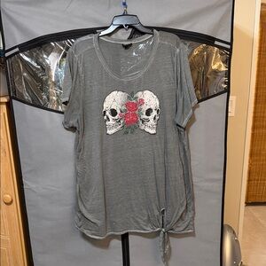 Torrid Gray Skull Graphic Tee with Red Accents Sheer